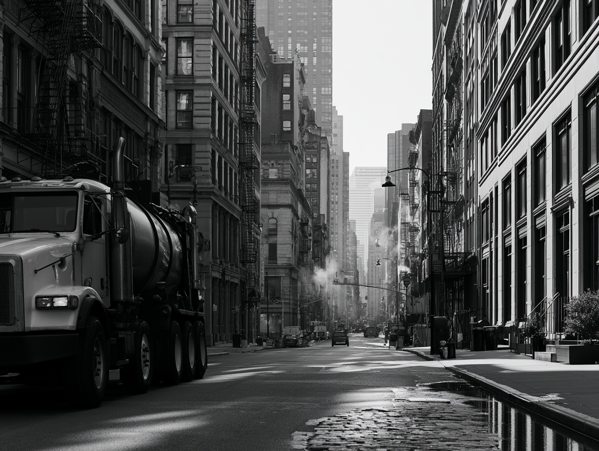Black and white photograph of a Bio Energy Development collection truck on a Manhattan street